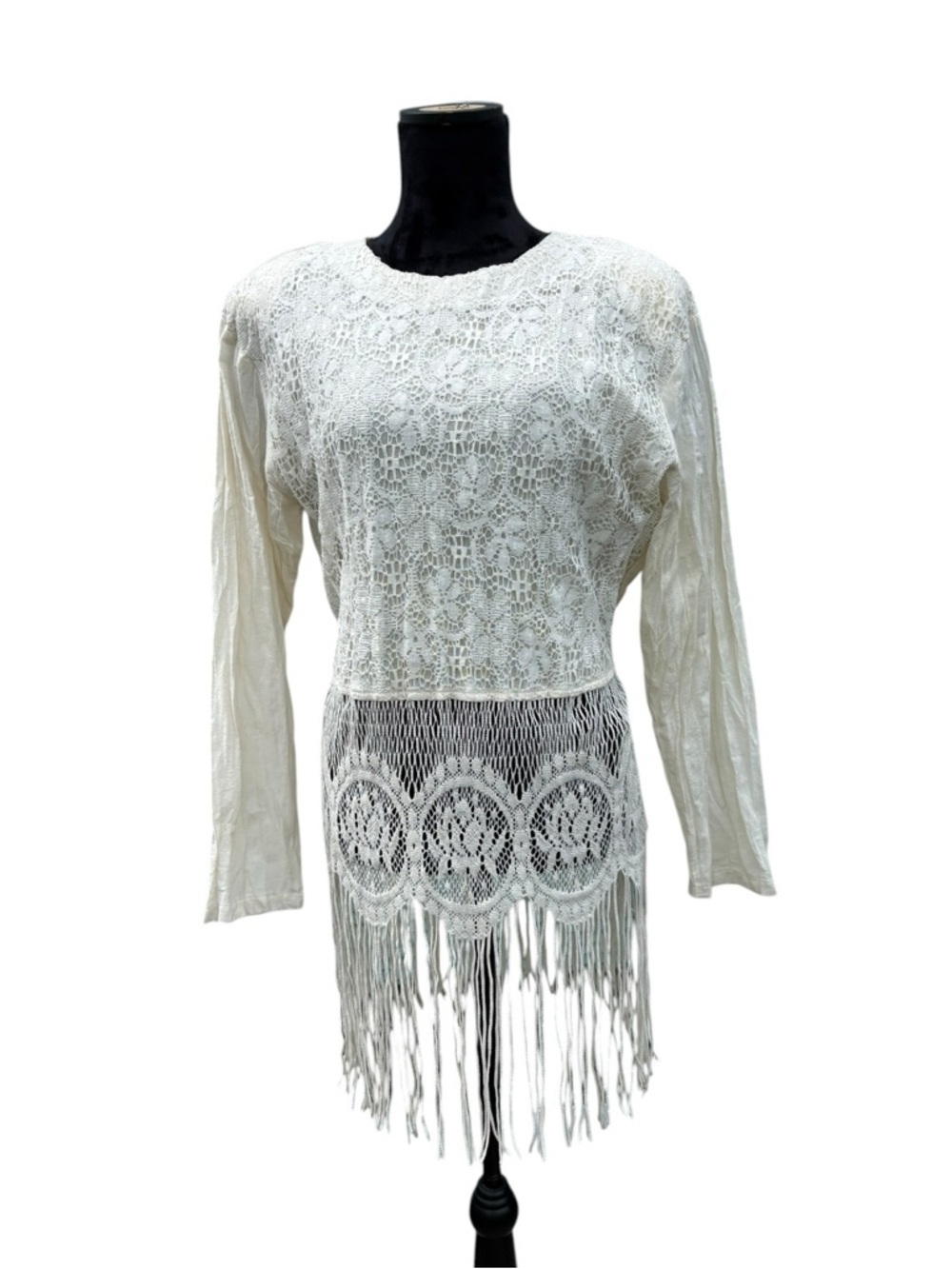 Vintage Choon California Festival Boho Lace Fringe Ivory Tunic Size 8 - Picture 2 of 8